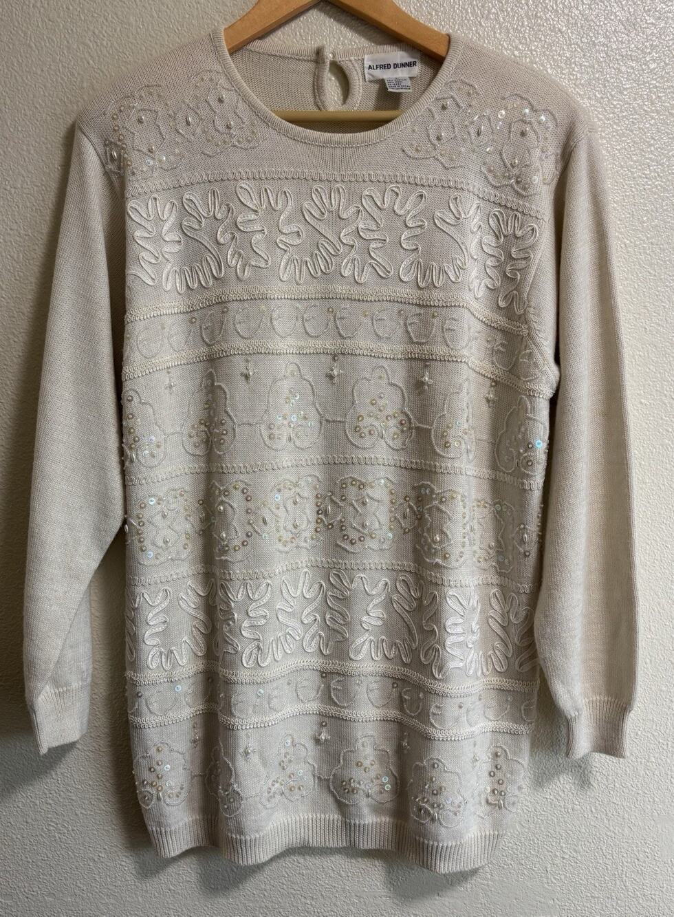 Vintage Alfred Dunner Cream Wool Blend Sequin Beaded Sweater Grannycore Size L